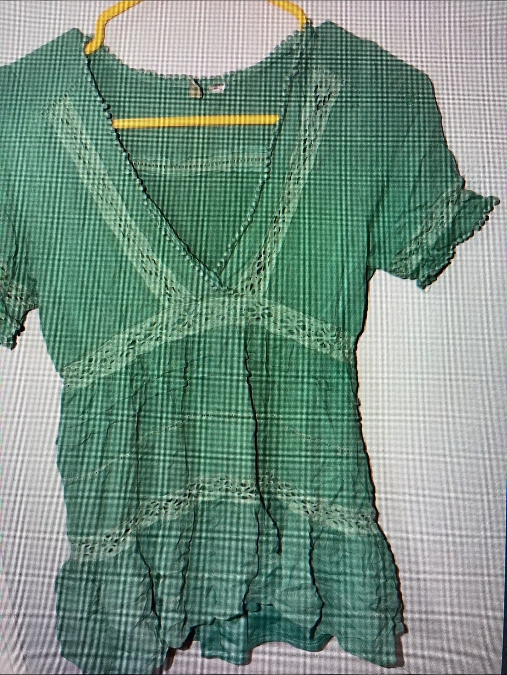 Green V‑Neck Crochet Trim Mini Dress